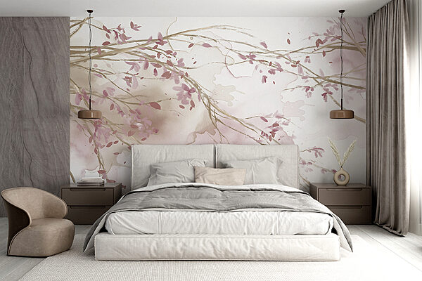 Acquerello di un ramo d'albero con fiori rosa Acquerello di un ramo d'albero con fiori rosa