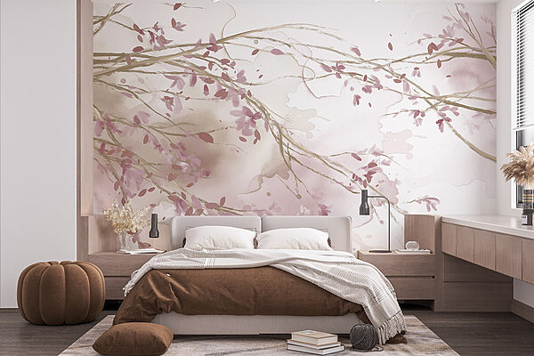 Acquerello di un ramo d'albero con fiori rosa Acquerello di un ramo d'albero con fiori rosa