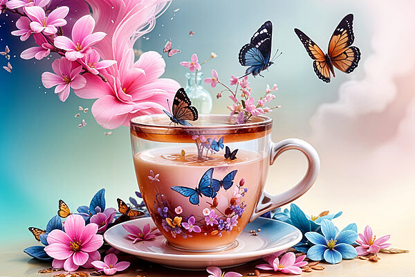Cup of tea with flowers and butterflies