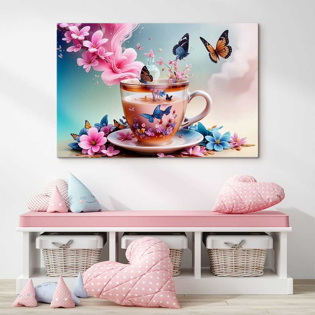 Cup of tea with flowers and butterflies