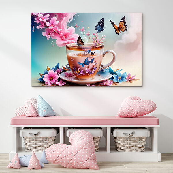 Quadri Quadri Tazza di tè con fiori e farfalle (COD: s39388)