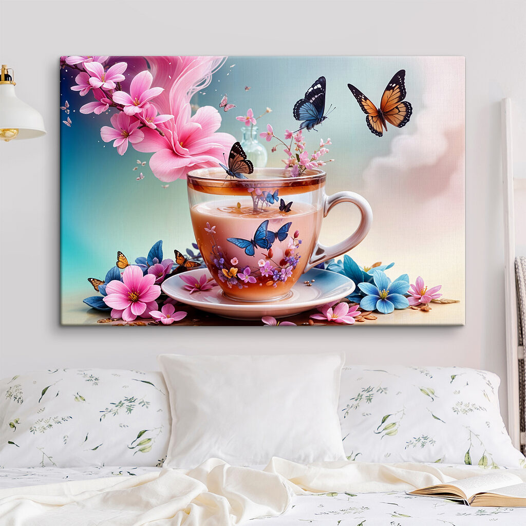 Cup of tea with flowers and butterflies
