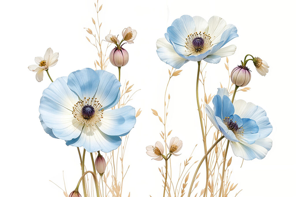 Group of blue and white flowers