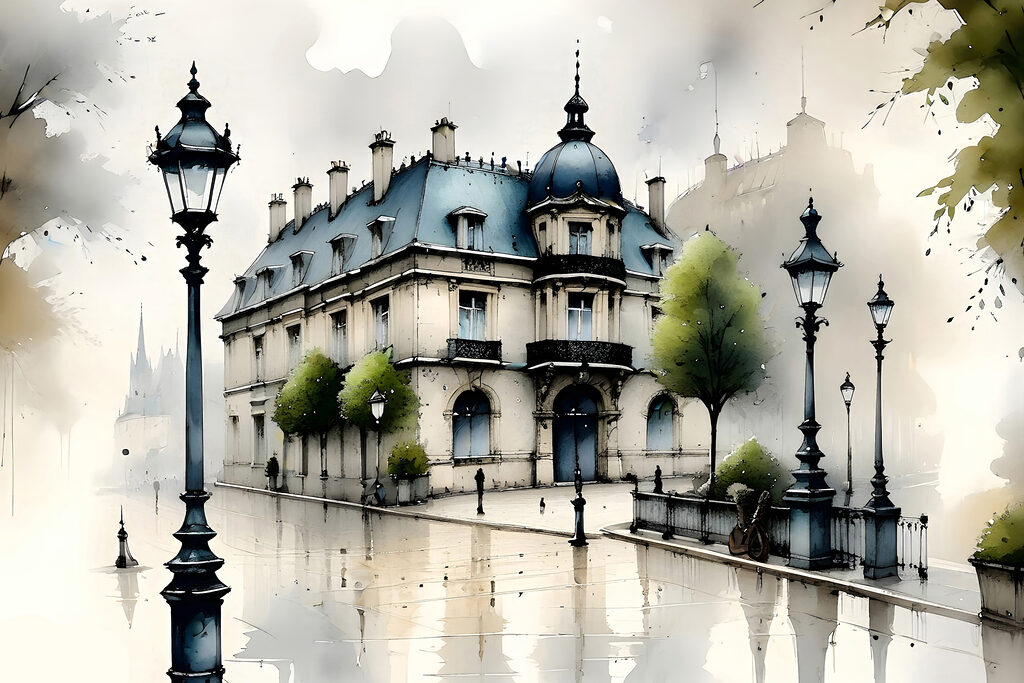 Painting of a building with trees and a street lamp Painting of a building with trees and a street lamp