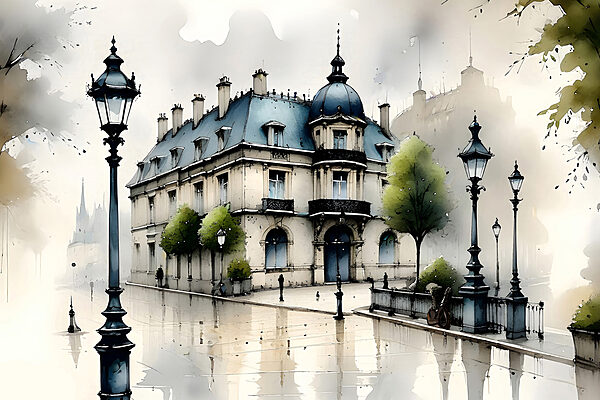 Painting of a building with trees and a street lamp Painting of a building with trees and a street lamp