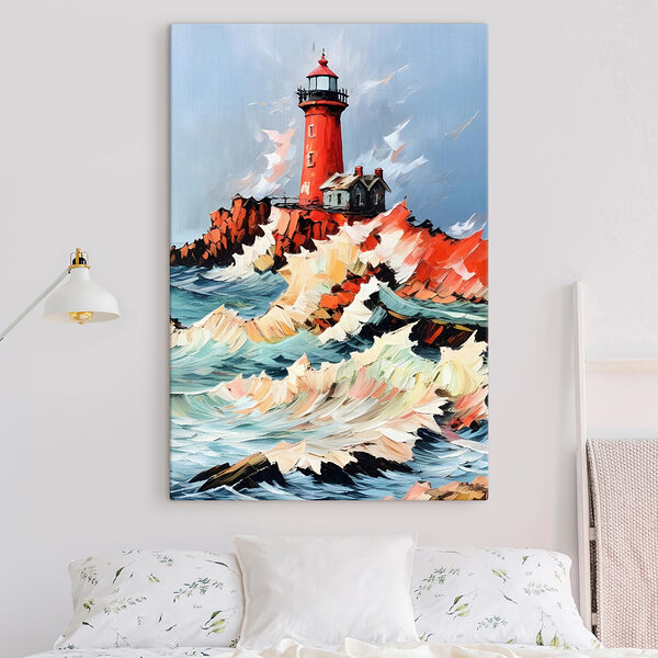 Painting of a lighthouse in the ocean