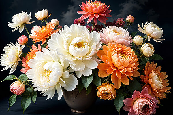 Vase of flowers with a cloudy sky