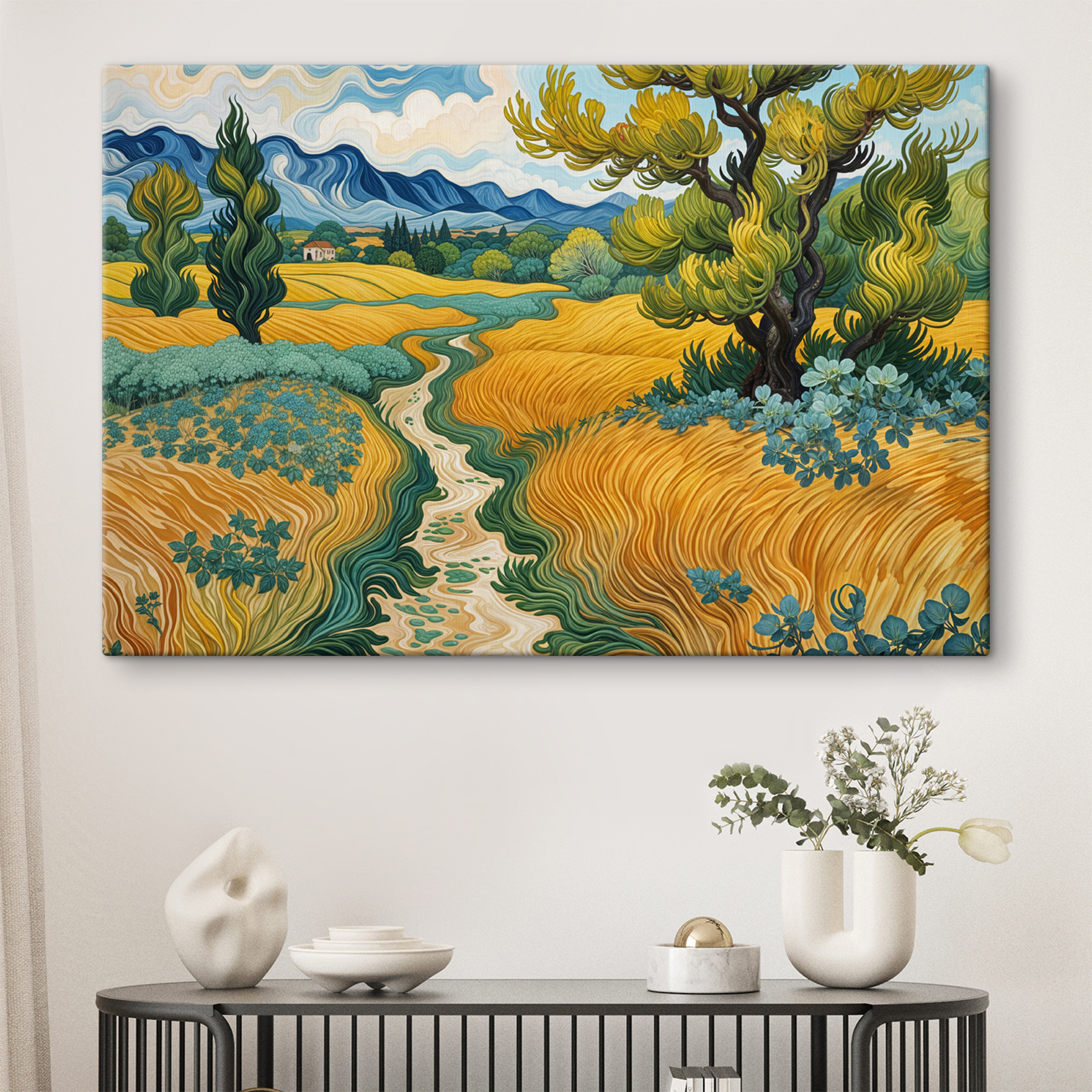 Painting of a landscape with a tree and a stream