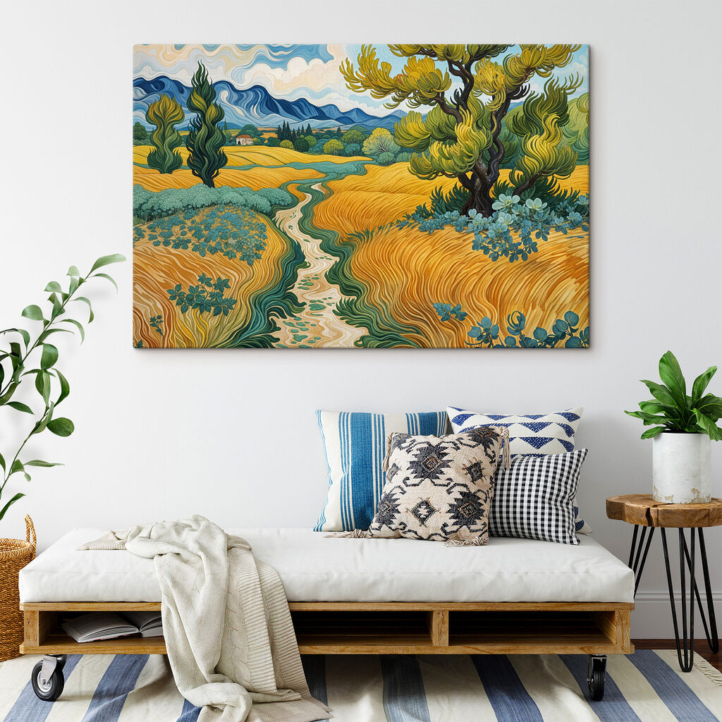 Painting of a landscape with a tree and a stream