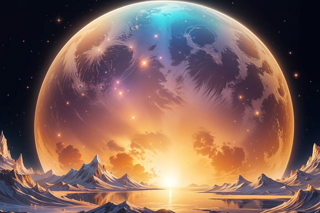 Planet with a sunset over water