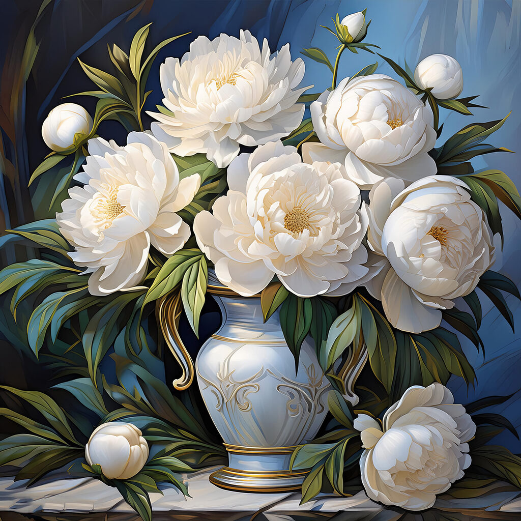 Painting of white flowers in a vase