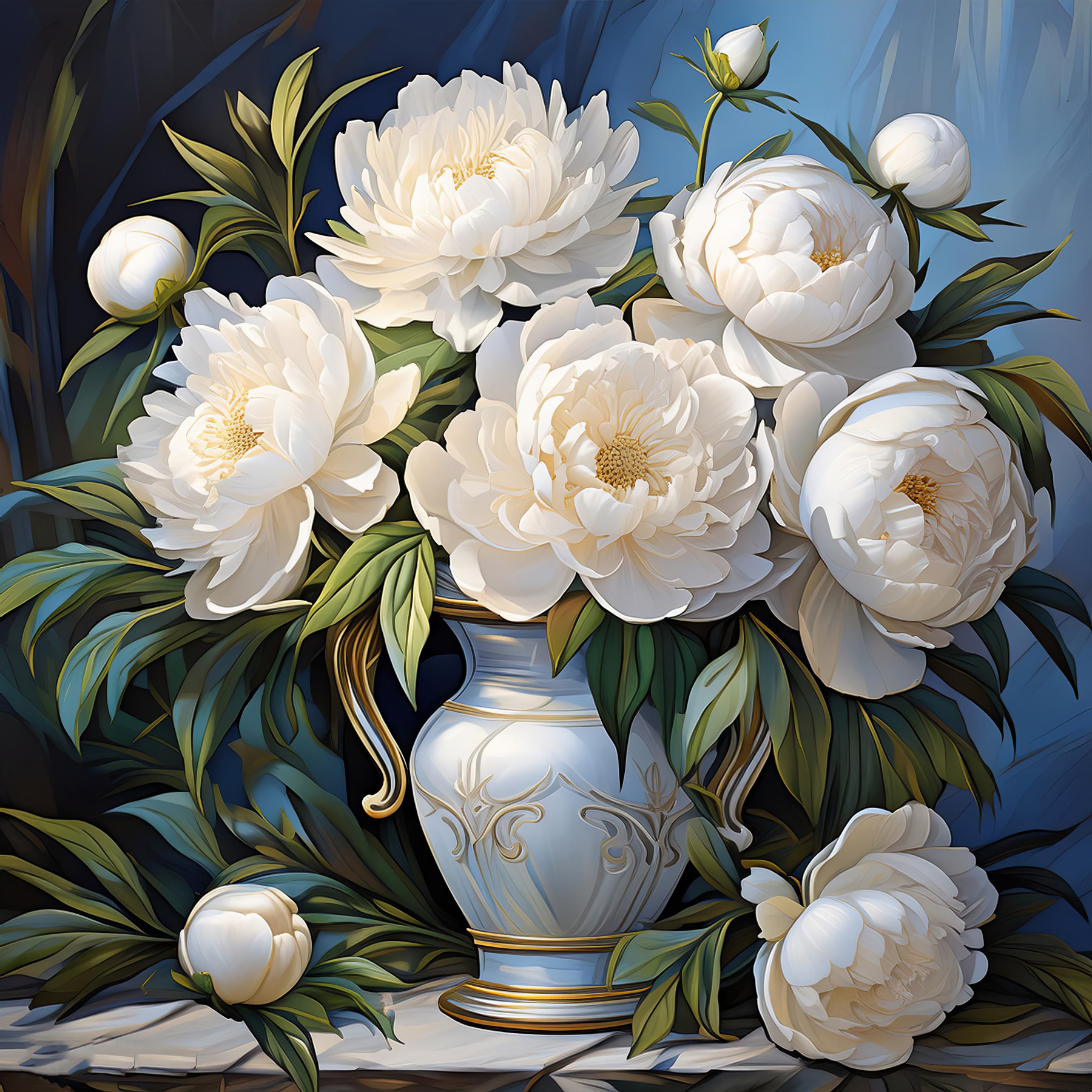 Painting of white flowers in a vase