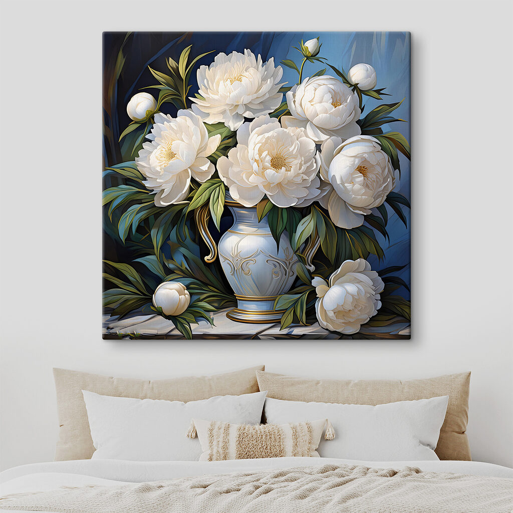 Painting of white flowers in a vase