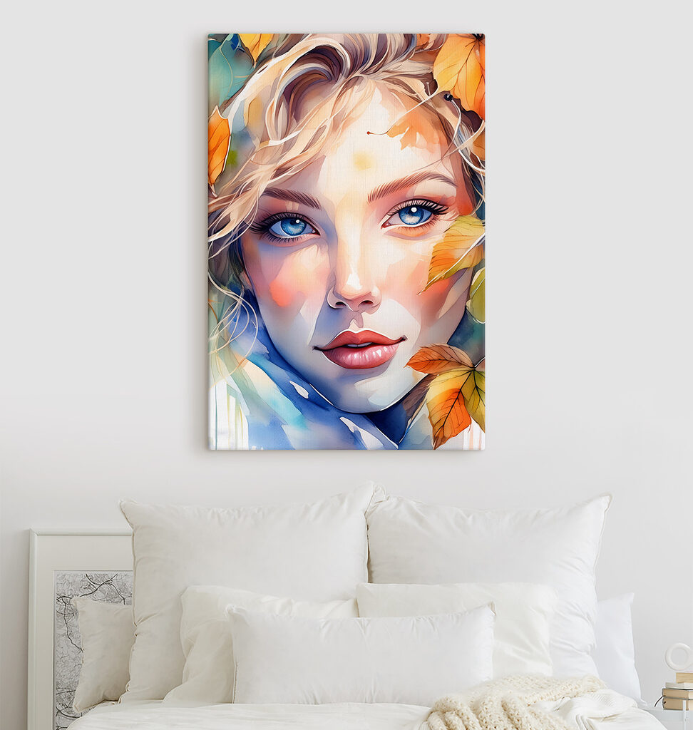 Woman with blue eyes and blue eyes and blue eyes and yellow leaves
