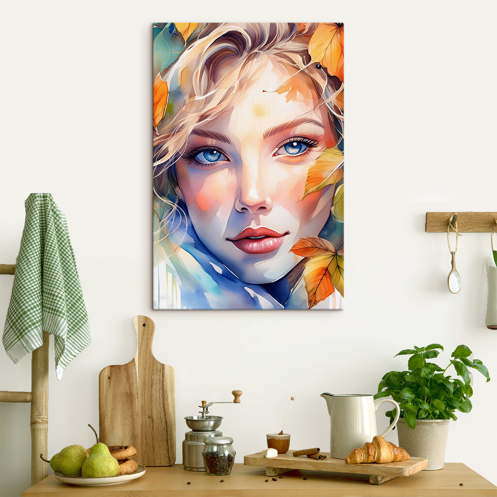 Woman with blue eyes and blue eyes and blue eyes and yellow leaves