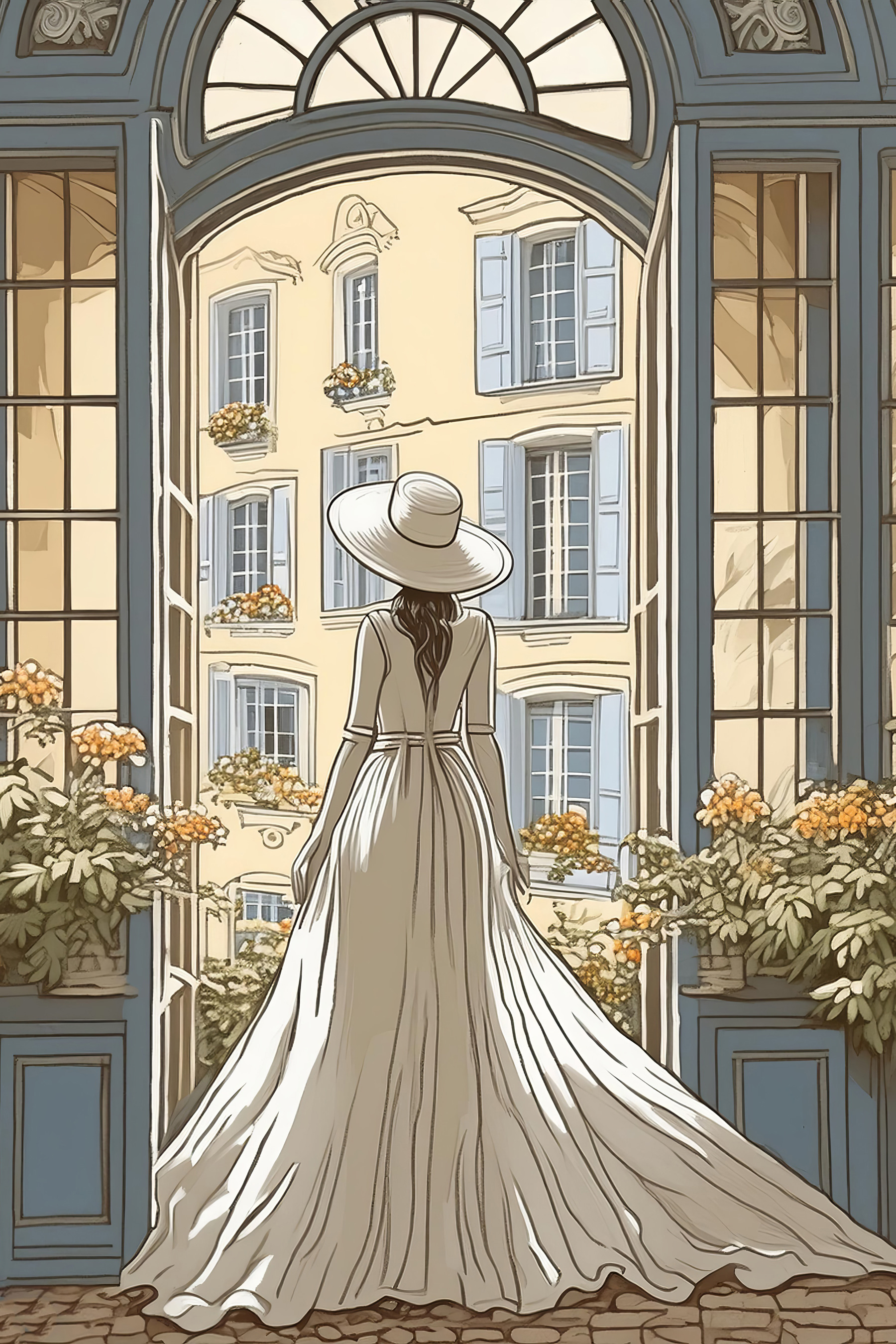 Woman in a dress and hat looking out a window Woman in a dress and hat looking out a window