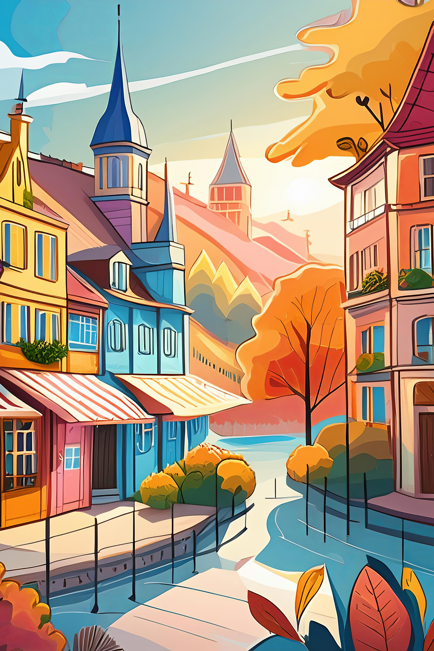 Colorful town with a river and trees Colorful town with a river and trees