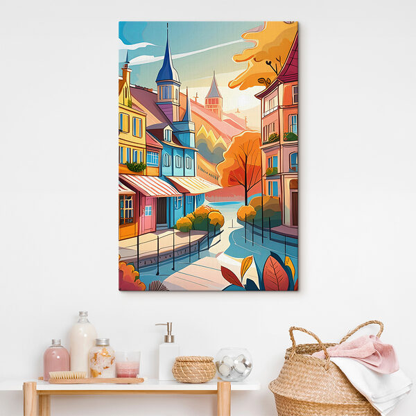 Colorful town with a river and trees Colorful town with a river and trees