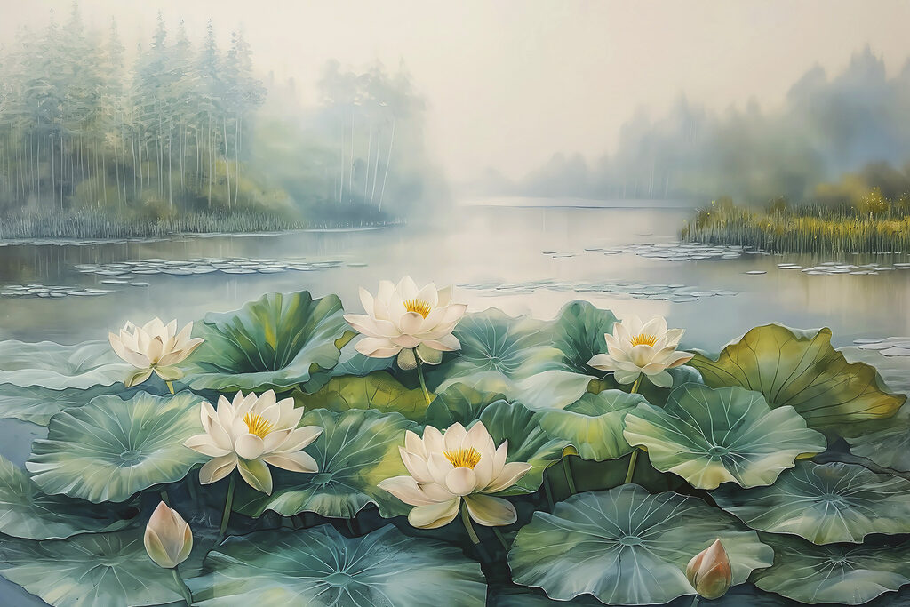 Pittura di uno stagno con fiori bianchi e foglie verdi Pittura di uno stagno con fiori bianchi e foglie verdi