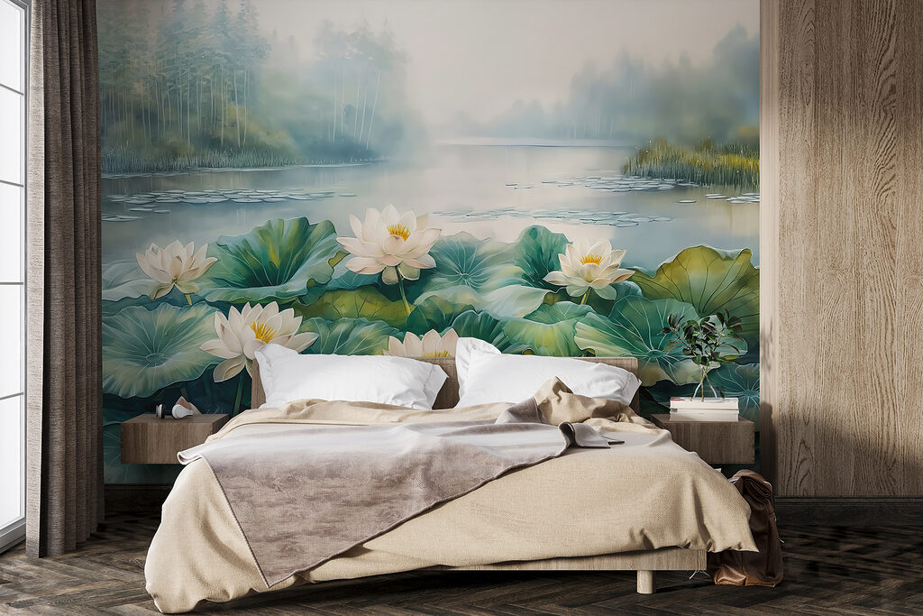 Painting of a pond with white flowers and green leaves Painting of a pond with white flowers and green leaves