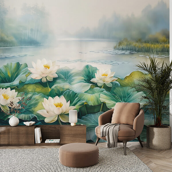 Pittura di uno stagno con fiori bianchi e foglie verdi Pittura di uno stagno con fiori bianchi e foglie verdi
