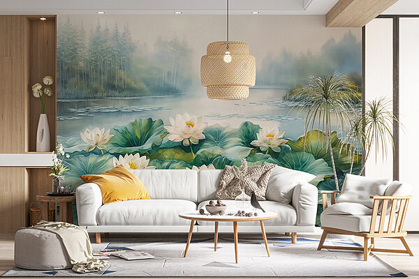 Pittura di uno stagno con fiori bianchi e foglie verdi Pittura di uno stagno con fiori bianchi e foglie verdi