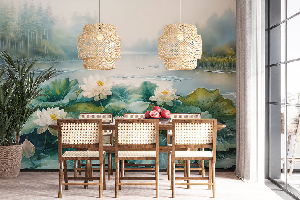 Painting of a pond with white flowers and green leaves Painting of a pond with white flowers and green leaves