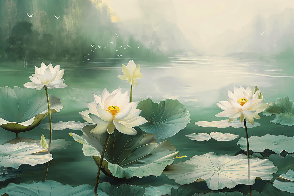 Pittura di fiori e foglie bianche in un lago Pittura di fiori e foglie bianche in un lago
