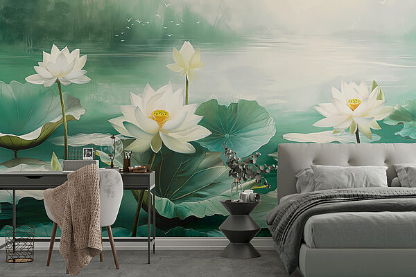 Pittura di fiori e foglie bianche in un lago Pittura di fiori e foglie bianche in un lago