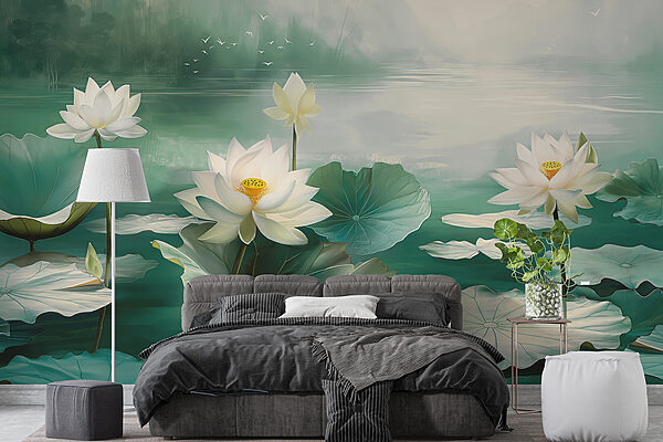 Pittura di fiori e foglie bianche in un lago Pittura di fiori e foglie bianche in un lago