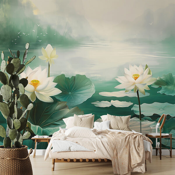 Pittura di fiori e foglie bianche in un lago Pittura di fiori e foglie bianche in un lago
