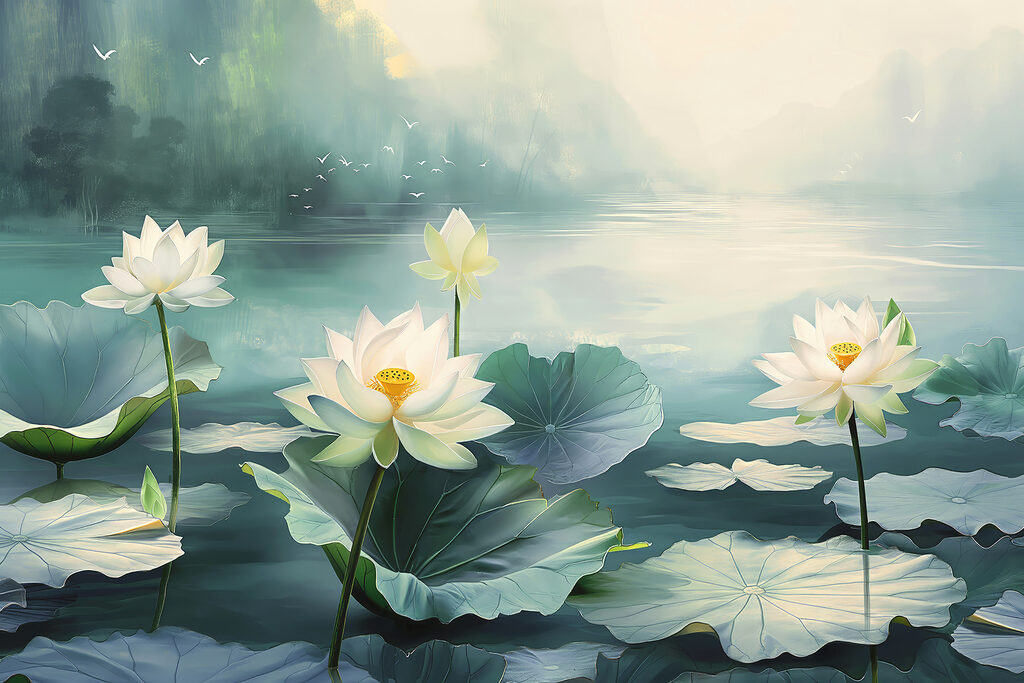 Pittura di fiori e foglie bianche sull'acqua Pittura di fiori e foglie bianche sull'acqua