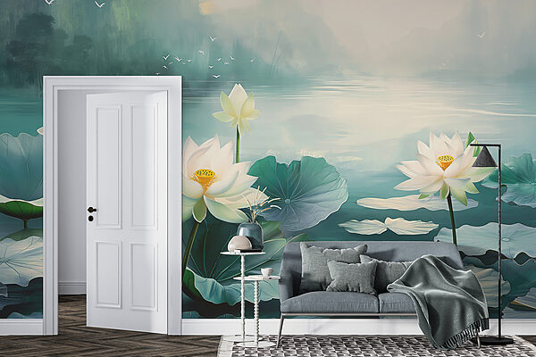 Pittura di fiori e foglie bianche sull'acqua Pittura di fiori e foglie bianche sull'acqua