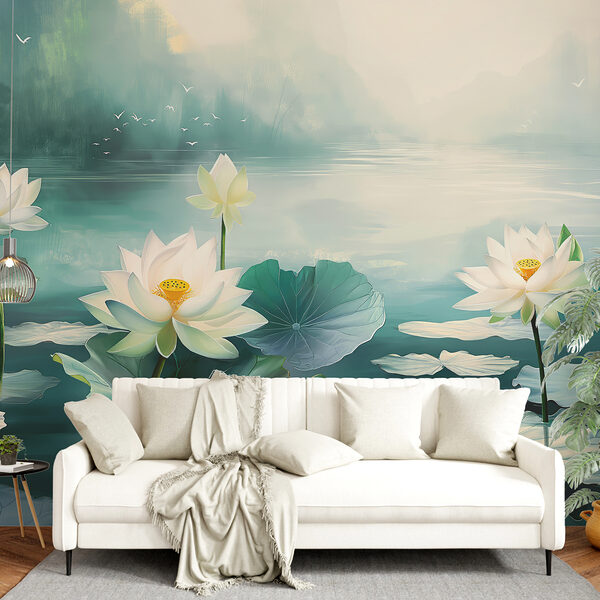 Pittura di fiori e foglie bianche sull'acqua Pittura di fiori e foglie bianche sull'acqua