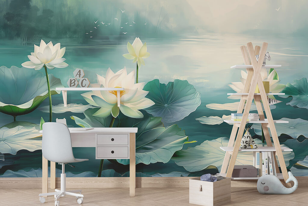 Painting of white flowers and leaves on water