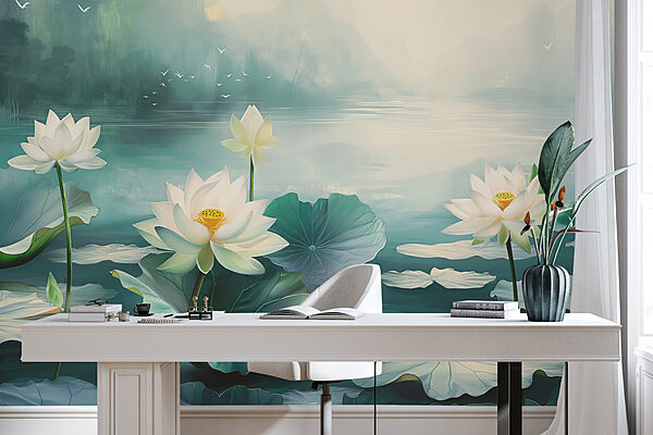 Pittura di fiori e foglie bianche sull'acqua Pittura di fiori e foglie bianche sull'acqua