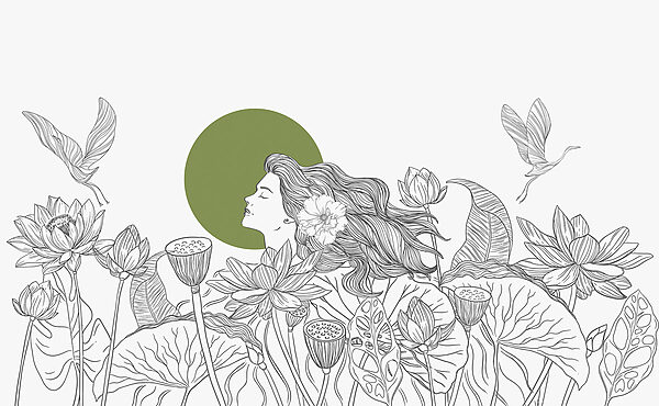 Disegno di donna con capelli lunghi e fiori Disegno di donna con capelli lunghi e fiori