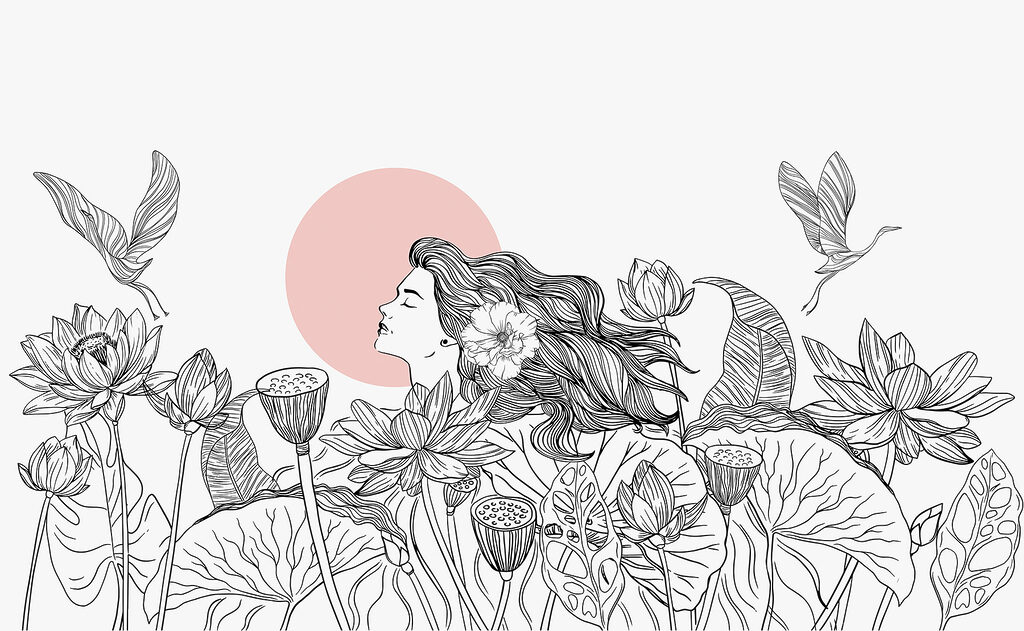 Disegno di donna con capelli lunghi e fiori Disegno di donna con capelli lunghi e fiori