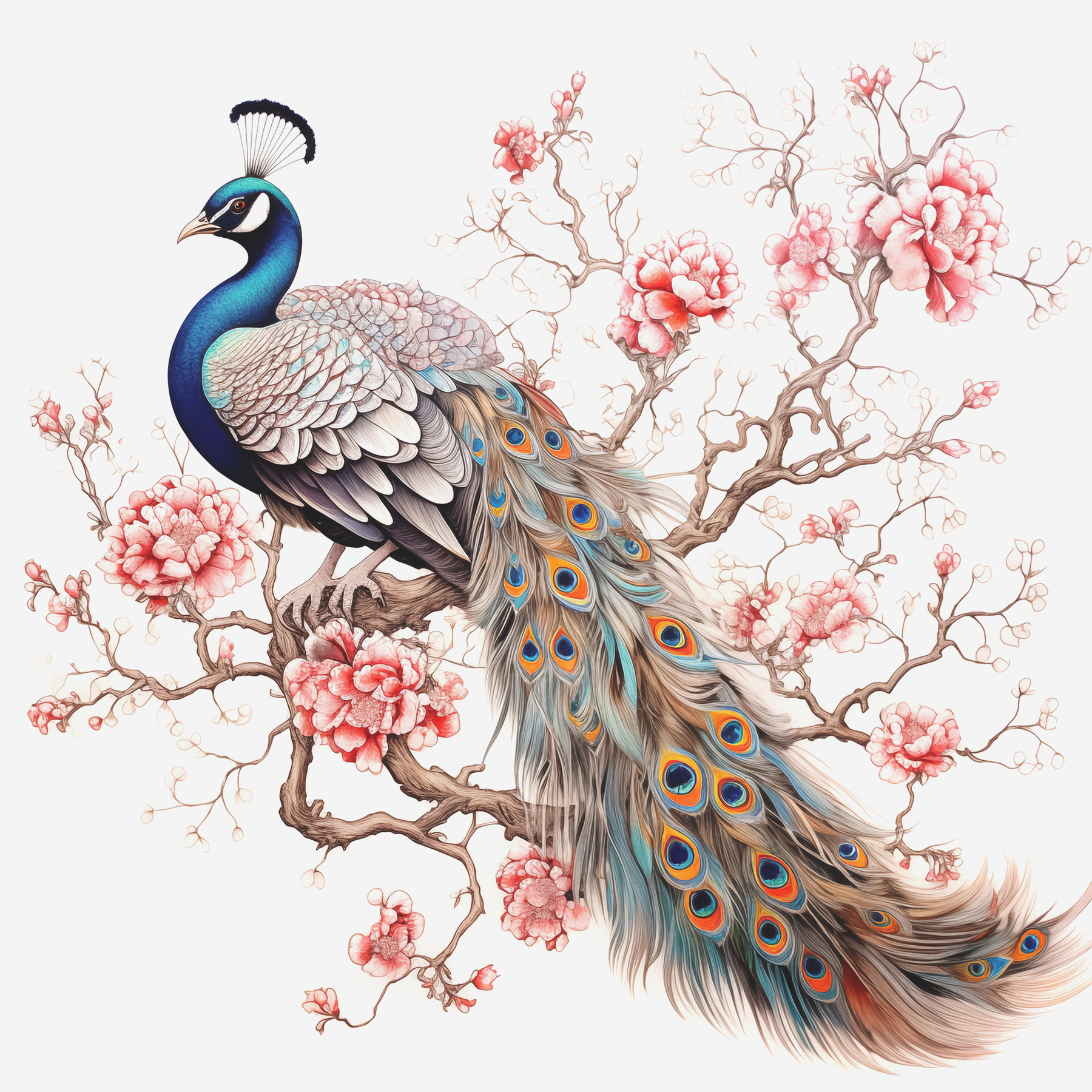 Peacock on a tree branch with pink flowers Peacock on a tree branch with pink flowers