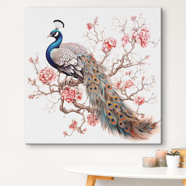 Quadri Un pavone su un ramo di un albero con fiori rosa (COD: s39568) Quadri Quadri Un pavone su un ramo di un albero con fiori rosa (COD: s39568)