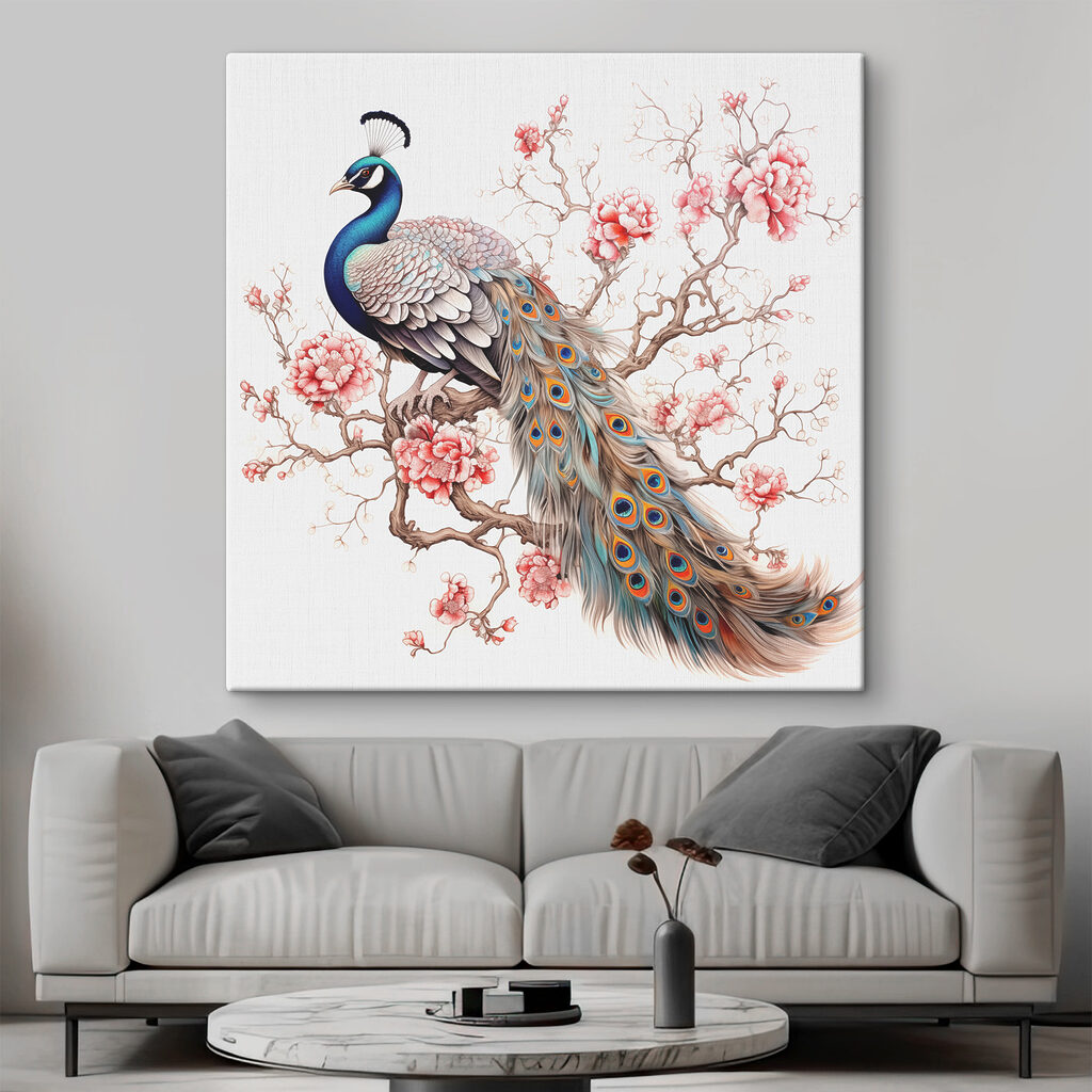 Peacock on a tree branch with pink flowers Peacock on a tree branch with pink flowers