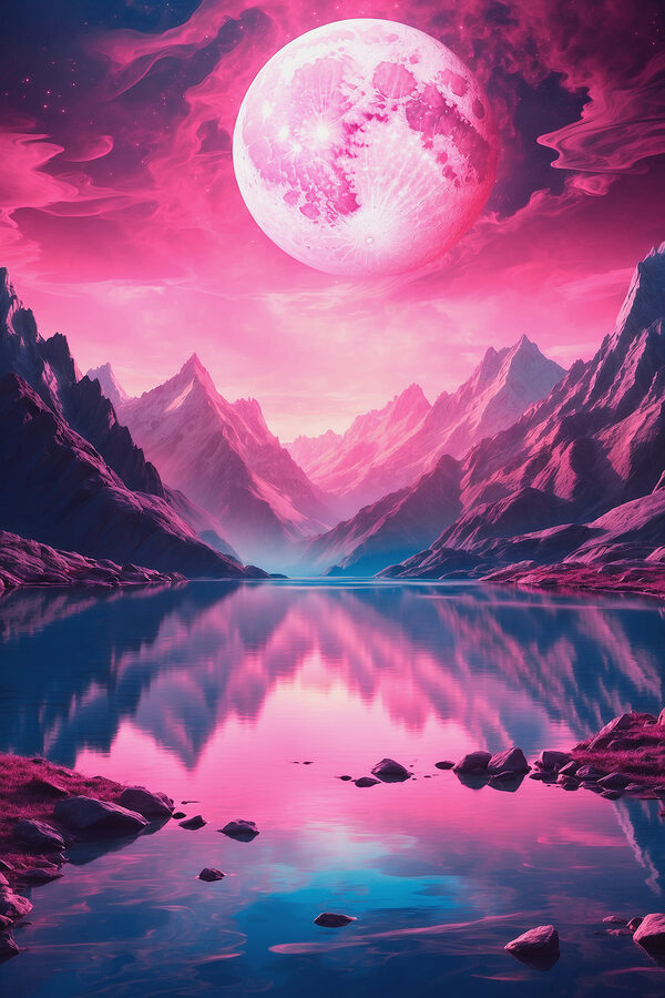 Pink moon over a mountain lake