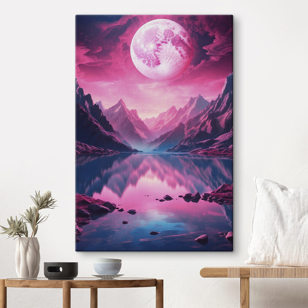 Pink moon over a mountain lake