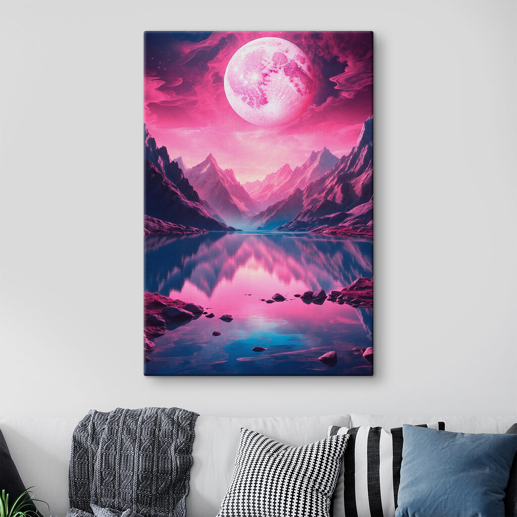 Pink moon over a mountain lake