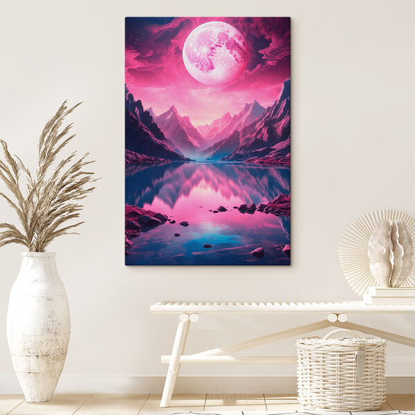 Pink moon over a mountain lake