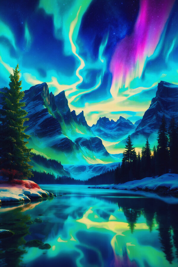 Lake with trees and mountains in the background