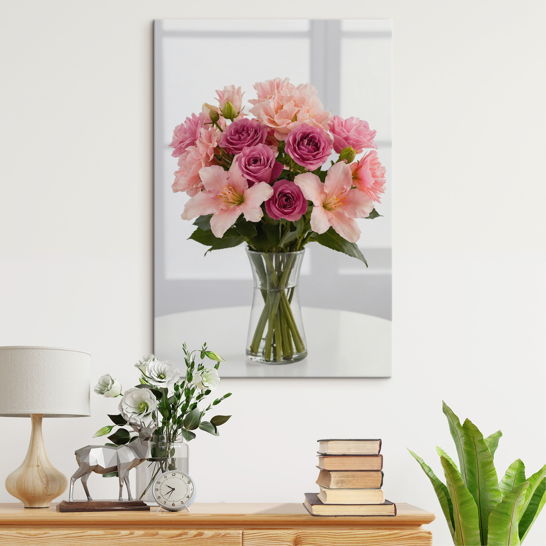 Vase of pink and purple flowers