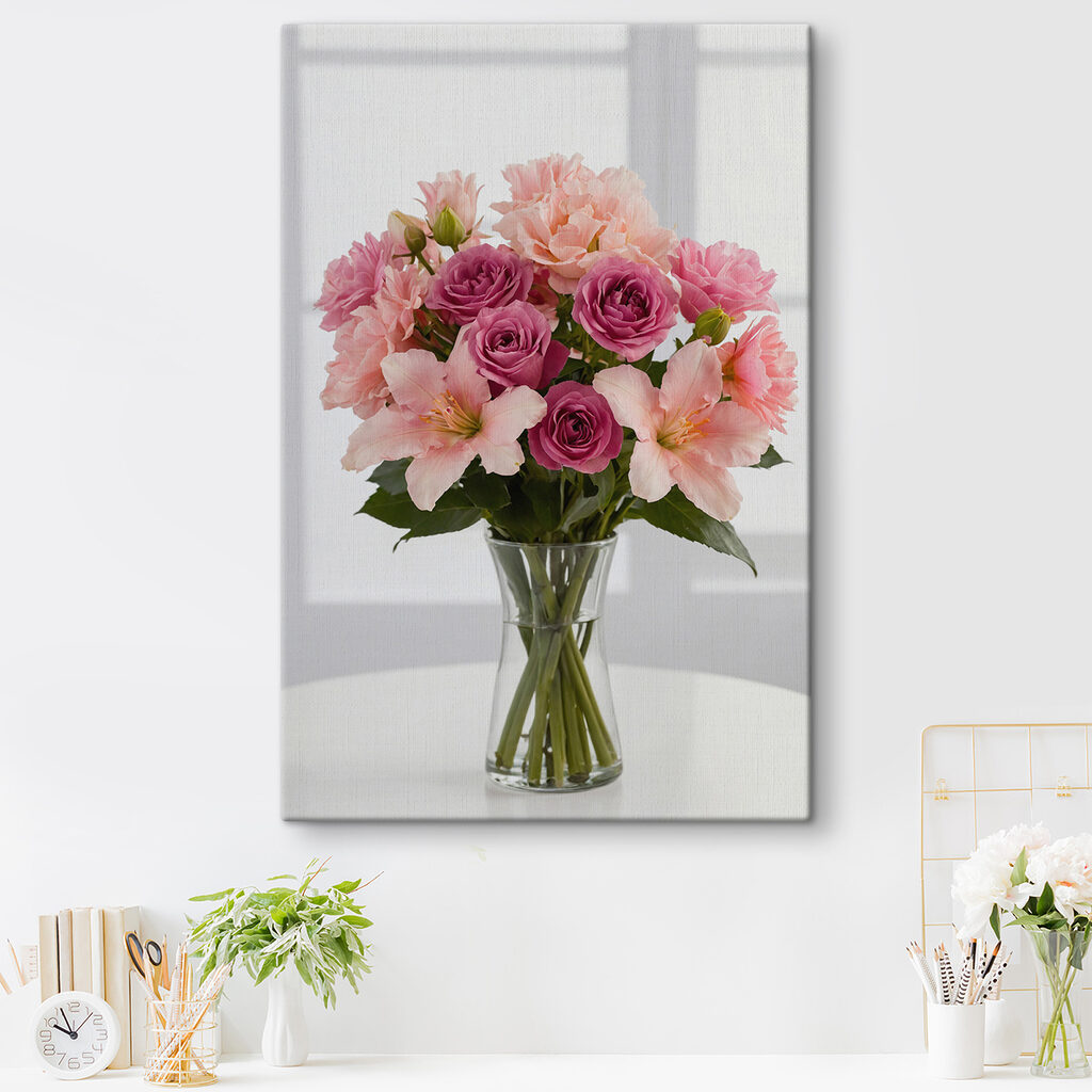 Vase of pink and purple flowers