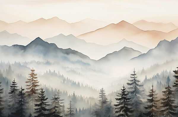 Paesaggio di montagne con alberi e nebbia Paesaggio di montagne con alberi e nebbia