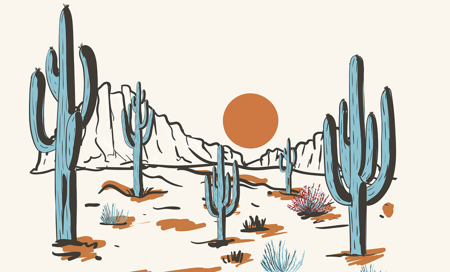 Paesaggio desertico con cactus e montagne
